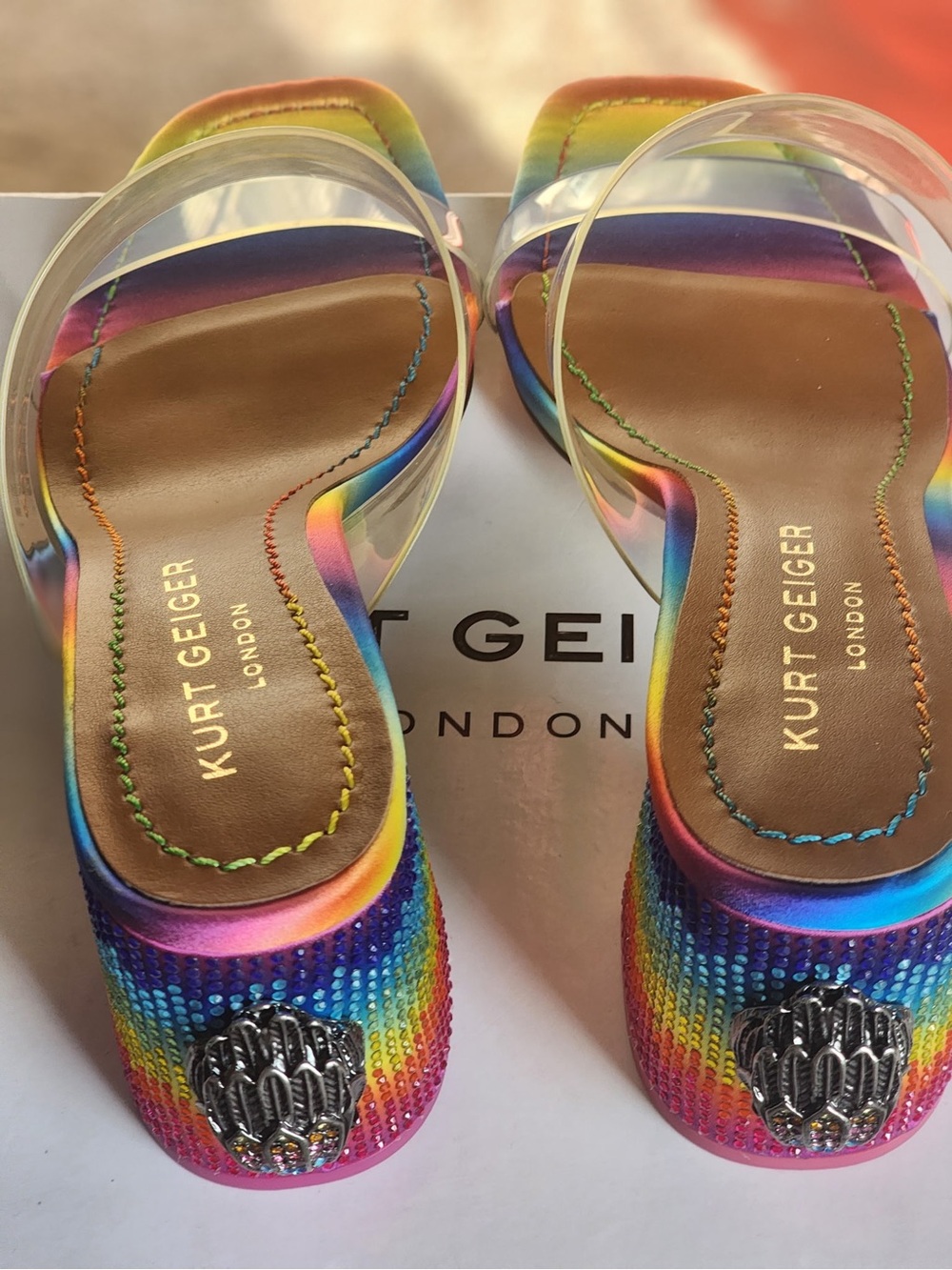 Kurt Geiger Rainbow Crystal-Embellished Mules with Clear Strap